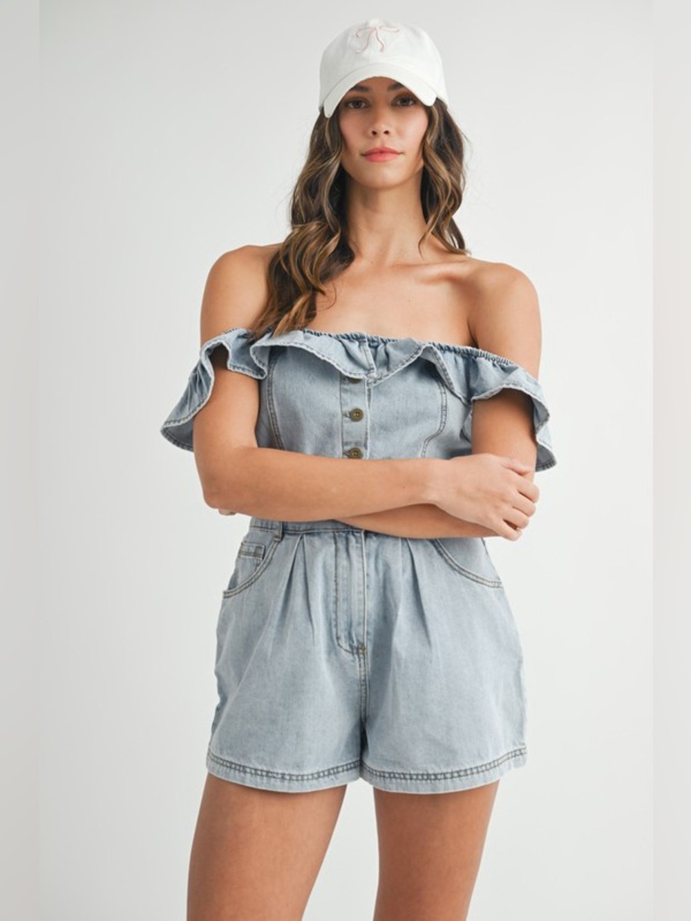 MABLE Off Shoulder Ruffle Detail Denim Romper - Picture 3 of 14